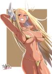  1girl :d absurdres animal_ears armpits arms_up bikini boku_no_hero_academia border breasts collarbone covered_nipples dark-skinned_female dark_skin gloves gold_bikini highres large_breasts linea_alba long_eyelashes long_hair looking_at_viewer micro_bikini mirko navel parted_bangs rabbit_ears rabbit_girl rabbit_tail red_eyes signature skindentation smile solo stomach swimsuit tail thighs toned_female ushio_shinshia v very_long_hair white_border white_gloves white_hair 