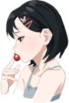  1girl black_hair brown_eyes cherry_tomato eating hair_ornament hairclip highres idolmaster idolmaster_cinderella_girls idolmaster_cinderella_girls_u149 rabbit_hair_ornament ribenyu4 sasaki_chie short_hair simple_background solo tank_top tomato 