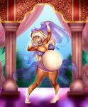 absurd_res anthro belly bertyborts big_belly buttercup_(pack-leader) canid canine dancing female hi_res mammal navel palace pregnant pregnant_anthro pregnant_female solo