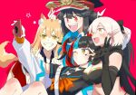  4girls ahoge animal_ears bikini black_bikini black_bow black_hair black_nails black_sailor_collar black_scarf black_shirt blonde_hair blue_hair bow breasts cellphone double_finger_heart elbow_gloves fate/grand_order fate_(series) finger_heart fox_ears fox_girl fox_tail gloves grin hair_bow hat highres holding holding_mushroom holding_phone long_hair medium_breasts multicolored_hair multiple_girls mushroom neckerchief oda_nobunaga_(fate) oda_nobunaga_(koha-ace) oda_uri okita_j._souji_(fate) okita_j._souji_(first_ascension)_(fate) okita_souji_(fate) one_eye_closed orange_hair orange_neckerchief peaked_cap phone pirohi_(pirohi214) ponytail red_background red_eyes red_hair sailor_collar scarf school_uniform sei_shounagon_(fate) selfie shirt short_sleeves simple_background smartphone smile suzuka_gozen_(fate) swimsuit tail teeth twintails upper_teeth_only v yellow_eyes 