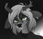 ambiguous_gender anthro antlers creepy creepy_smile deer ear_piercing ear_ring flower fur fur_markings green_eyes hair hi_res horn insane insane_eyes looking_at_viewer mammal markings monochrome nonbinary_(lore) piercing plant ring_piercing smile solo white_hair yan yan_(character)