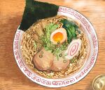  bowl egg_(food) food food_focus highres hunter_rank_e kamaboko meat narutomaki no_humans noodles nori_(seaweed) original pork ramen softboiled_egg table wooden_table 