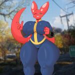  absurd_res anthro bethesda_softworks big_breasts bodysuit breasts clothing coffee_demon fallout female finger_gun firia_(srmario) gesture hand_gesture hi_res kobold microsoft pip-boy red_body scalie skinsuit solo tail thick_thighs tight_clothing vault_suit yellow_eyes 