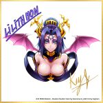  artist_name bare_shoulders breasts character_name cleavage collaboration colored_eyelashes demon_girl demon_horns demon_wings digimon digimon_(creature) english_commentary eyeshadow hair_ornament highres horns kevin_muniz keyliom large_breasts lilithmon looking_at_viewer makeup medium_hair mole mole_under_eye off_shoulder purple_eyeshadow purple_hair shikishi signature simple_background smile upper_body white_background wings 