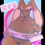  2022 5_fingers absurd_res anthro areola big_areola big_breasts big_nipples black_sclera breasts brown_areola brown_body brown_fur brown_nipples clothing digital_drawing_(artwork) digital_media_(artwork) female fingers front_view fur generation_4_pokemon hand_on_chest hi_res huge_breasts japanese_text long_ears lopunny mouth_closed nintendo nipples pink_eyes pokemon pokemon_(species) solo tan_ears text themercart translucent translucent_clothing translucent_topwear vaporwave 