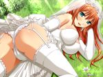  1girl aqua_eyes bare_shoulders breasts cameltoe futari_no_erika game_cg large_breasts long_hair looking_at_viewer lying on_side open_mouth orange_hair smile solo wedding_dress white_panties 