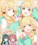  +_+ 3girls ;) =_= @_@ absurdres blonde_hair braid brown_hair commentary_request fang fujita_kotone gakuen_idolmaster green_hair hair_ribbon hanami_saki highres idolmaster jacket lightning_glare long_hair multicolored_clothes multicolored_jacket multiple_girls multiple_views one_eye_closed own_hands_together raichita ribbon school_uniform skin_fang smile speech_bubble translation_request tsukimura_temari twin_braids upper_body 