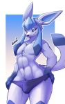 anthro blue_body blue_fur bulge canid cinnaboi claws clothing eeveelution fur generation_4_pokemon glaceon hi_res male mammal nintendo pokemon pokemon_(species) simple_background solo tail underwear white_body white_fur