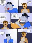 anthro anthro_on_anthro backwards_baseball_cap balls baseball_cap black_nose blue_eyes brown_eyes brown_fur brown_hair canine clothing comic coyote cute_fangs detailed_background duo english_text erection eyes_closed fellatio fish floor fur fuze grey_skin hair half-closed_eyes hat hi_res humanoid_penis kneeling licking male male/male mammal marine moan nipples nude open_mouth oral penis penis_grab penis_lick pubes retracted_foreskin sex shark shirt sitting smile sofa speech_bubble teeth text tongue tongue_out uncut wide_eyed 