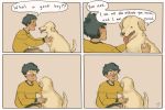  4koma 5_fingers ambiguous_gender biped black_hair black_nose border canine clothed clothing comic crying dog feral fur hair hi_res human jenny_boudon looking_at_another male mammal quadruped signature simple_background snout speech_bubble tan_fur tears teeth text tongue tongue_out white_border 