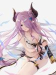  absurdres bikini black_ribbon blue_eyes breasts cleavage cookman cowboy_shot floating_hair frilled_bikini_top granblue_fantasy grey_background hair_ornament hair_over_one_eye highres holding holding_sword holding_weapon horns large_breasts long_hair narmaya_(granblue_fantasy) navel pointy_ears purple_hair ribbon simple_background solo swimsuit sword thigh_strap twintails very_long_hair weapon white_bikini 
