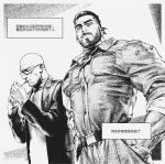  2boys atomic_heart bald bara beard belt char-les_(atomic_heart) cigarette closed_eyes closed_mouth facial_hair fukurau glasses highres jacket jumpsuit large_pectorals looking_at_viewer male_focus multiple_boys muscular muscular_male open_clothes open_jacket p-3_(atomic_heart) pectorals short_hair sweater translation_request 