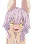  1other absurdres animal_ears blush body_fur brown_fur colored_eyelashes eyelashes furry green_eyes highres horizontal_pupils long_hair looking_at_viewer made_in_abyss nanachi_(made_in_abyss) open_mouth other_focus portrait rabbit_ears sekaineko_001 sharp_teeth simple_background solo teeth upper_teeth_only whiskers white_background white_hair yellow_eyes 