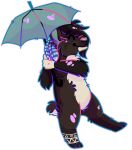 2017 alpha_channel ambiguous_gender anthro bear black_body black_fur black_hair cel_shading chibi digital_drawing_(artwork) digital_media_(artwork) digitigrade feather_accessory featureless_crotch full-length_portrait fur grey_body grey_fur hair happy holding_object holding_umbrella jaspering mammal nude on_one_leg outline portrait purple_outline shaded short_tail simple_background smile snout solo standing tail tan_body tan_fur teal_inner_ear teal_nose teal_umbrella transparent_background umbrella