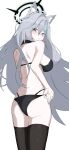  1girl absurdres adjusting_clothes adjusting_swimsuit alternate_costume animal_ear_fluff animal_ears ass bikini black_bikini black_halo black_thighhighs blue_archive blush breasts closed_mouth commentary_request cowboy_shot from_behind green_eyes grey_hair halo highres large_breasts long_hair looking_at_viewer looking_back mismatched_pupils rihitonn shiroko_(blue_archive) shiroko_terror_(blue_archive) simple_background solo swimsuit thighhighs white_background wolf_ears 