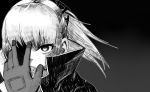  absurdres armor bangs coat covering_one_eye eyebrows_visible_through_hair girls_frontline gloves greyscale hair_between_eyes hair_ornament hand_up highres jacket long_hair looking_at_viewer metal_gear_(series) metal_gear_solid_v mod3_(girls_frontline) monochrome one_eye_covered parody ponytail serious shaded_face sidelocks solo st_ar-15_(girls_frontline) twoj 