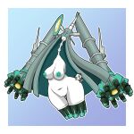 1:1 ambiguous_gender anthro areola big_breasts black_body black_fur blue_background blush blush_lines breasts celesteela disembodied_hand duo eyes_closed female floating_hands fur generation_6_pokemon generation_7_pokemon genitals green_areola green_hair green_nipples hair hair_over_eyes hi_res hip_grab huge_breasts humanoid larger_female long_hair long_neck nazca_(artist) nintendo nipples nude open_mouth pancham pokemon pokemon_(species) pussy simple_background size_difference smile thick_thighs thin_neck ultra_beast white_background white_body white_fur wide_hips