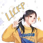  absurdres black_eyes black_hair blush highres jkt48 lulu_salsabila pia_meraleo_(artist) pink_lips simple_background sweater twintails v yellow_sweater 