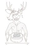  2020 anthro antlers bodily_fluids cake clothed clothing collared_shirt deer dessert digital_drawing_(artwork) digital_media_(artwork) dyyrlysh english_text eyes_closed fingers food fur greyscale hair half-length_portrait hi_res holding_tray hooved_fingers hooves horn humor kristoffer_everglade krita_(artwork) male mammal monochrome new_world_deer pattern_clothing pattern_shirt pattern_topwear portrait shirt simple_background sketch smile smiling_at_viewer solo striped_clothing striped_shirt striped_topwear stripes sweat sweatdrop text text_on_cake topwear white-tailed_deer white_background 