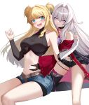  2girls :d :p absurdres aqua_eyes bandaged_arm bandages belt black_shirt black_shorts black_sleeves black_thighhighs blonde_hair breasts coat denim denim_shorts double_bun hair_bun highres honkai_(series) honkai_impact_3rd invisible_chair large_breasts last_popsicle long_hair midriff multiple_girls navel open_mouth pink_eyes red_coat shirt shorts simple_background single_sleeve single_thighhigh sitting smile songque_(honkai_impact) stomach thelema_(honkai_impact) thighhighs tongue tongue_out very_long_hair white_background white_hair yuri 