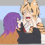  2girls absurdres animal_ears animal_print asuka_shirou black_hair black_kimono blonde_hair capelet commentary_request fang fur-trimmed_capelet fur_trim highres hijiri_byakuren japanese_clothes kimono light_brown_hair long_hair multiple_girls open_mouth purple_hair short_hair tiger_ears tiger_print toramaru_shou touhou very_long_hair white_kimono yellow_capelet yellow_eyes yellow_nails 