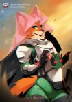  anthro armor bomb canid canine cloak clothing explosives female fight fluffy fluffy_tail fox fur green_clothing green_eyes helldivers helldivers_2 liloli_(artist) maid_marian mammal orange_body orange_fur simple_background smile solo tail white_armor 