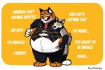 anthro belly belly_grab big_belly bonesthebadger canid canine canis dialogue duo english_text epic_games felid fortnite hi_res huge_belly male male/male mammal oscar_(fortnite) overweight overweight_anthro overweight_male pantherine text tiger wendell_(fortnite) wolf