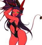 :d absurdres armpits breasts cleavage commentary demon_girl evdokiya_infernalis fang green_eyes highres horns long_hair looking_at_viewer medium_breasts navel open_mouth original pointy_ears purple_hair red_skin simple_background slugbox smile solo standing sweat tail white_background 