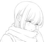  1girl blush closed_mouth commentary_request enpera greyscale highres iwami_kiyoko kyou_wa_kanojo_ga_inai_kara lineart long_hair monochrome pout scarf sidelocks simple_background solo taki_fuuko upper_body white_background 