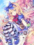  :d alice_(wonderland) apple_bunny apron bangs blonde_hair blue_bow blue_dress blue_eyes blue_footwear blue_hairband blue_sky blurry blurry_background blush bow bowtie candy_wrapper cloud commentary_request cup day depth_of_field doughnut dress dutch_angle eyebrows_visible_through_hair fingernails flower food hair_between_eyes hair_bow hairband holding holding_cup long_hair macaron mary_janes open_mouth outdoors pantyhose pink_flower pink_rose pocket_watch puffy_short_sleeves puffy_sleeves red_neckwear roman_numerals rose shadowverse shoes short_sleeves sitting sky smile solo striped striped_legwear teacup utm very_long_hair waist_apron watch white_apron wrist_cuffs 