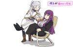  2girls :3 :t =_= black_coat black_footwear blunt_bangs boots brown_footwear capelet chair coat dress fern_(sousou_no_frieren) frieren full_body gold_trim highres long_hair long_sleeves multiple_girls open_clothes open_coat pout purple_eyes purple_hair simple_background sitting sousou_no_frieren standing tenten_(chan4545) translation_request twintails white_background white_capelet white_dress white_hair 