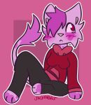 :&lt; absurd_res anthro blush bottomwear breasts clothed clothing domestic_cat eyelashes felid feline felis female fully_clothed hair head_tuft hi_res hoodie jackrabbit_(artist) looking_up mammal murky_(jackrabbit) nonbinary_(lore) pants paws pink_background pink_nose signature simple_background solo tail tail_tuft topwear tuft