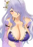  1girl absurdres artist_name bikini breasts camilla_(fire_emblem) camilla_(summer)_(fire_emblem) cleavage fire_emblem fire_emblem_fates fire_emblem_heroes flower genm7 hair_flower hair_ornament hair_over_one_eye highres huge_breasts long_hair looking_at_viewer o-ring o-ring_bikini official_alternate_costume purple_bikini purple_eyes purple_hair sarong simple_background smile solo swimsuit upper_body very_long_hair wavy_hair white_background 