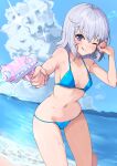  1girl ;q absurdres beach bikini blue_bikini blush breasts chris_(konosuba) grey_hair hair_between_eyes highres himari_ii holding holding_water_gun kono_subarashii_sekai_ni_shukufuku_wo! looking_at_viewer navel ocean one_eye_closed purple_eyes second-party_source short_hair small_breasts solo sparkle standing swimsuit tongue tongue_out water_gun 