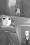  1girl ayakura_juu cape corpse craft_lawrence dress_shirt greyscale holo hood hooded indoors jacket monochrome novel_illustration official_art open_mouth shirt spice_and_wolf spoilers standing wooden_floor 
