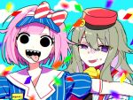  2girls :d blue_hat blue_shirt blue_sky bow cloud confetti dot_nose gloves green_hair hair_bow half-closed_eye hat head_tilt kusanagi_nene long_hair looking_at_viewer mesmerizer_(vocaloid) mopemope_(god_pegasus) multiple_girls ootori_emu open_mouth outdoors outstretched_arms pink_hair pinstripe_pattern pinstripe_shirt puffy_short_sleeves puffy_sleeves purple_eyes red_bow red_hat red_suspenders sharp_teeth shirt short_hair short_sleeves sidelocks sky smile solid_circle_eyes striped_bow sweatdrop teeth tongue tongue_out upper_body visor_cap yellow_gloves 