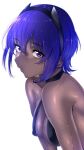  1girl absurdres bare_shoulders black_hairband blue_hair bouhatei_(t-back) breasts cleavage commentary_request covered_nipples dark-skinned_female dark_skin fate/prototype fate/prototype:_fragments_of_blue_and_silver fate_(series) hairband hassan_of_serenity_(fate) highres looking_at_viewer medium_breasts parted_lips purple_eyes revision short_hair simple_background solo upper_body very_dark_skin wet wet_hair white_background 