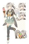  2girls :d :o :q averting_eyes black_hairband black_jacket black_ribbon black_thighhighs blue_eyes blue_hair blush bow bridal_gauntlets chibi chibi_inset closed_mouth collared_shirt cropped_jacket erua_(_8eru) expressions firefly_(honkai:_star_rail) foot_up gradient_hair green_skirt grey_hair hair_between_eyes hair_bow hair_ribbon hairband highres holding holding_ice_cream_cone honkai:_star_rail honkai_(series) ice_cream_cone jacket knees_together_feet_apart long_hair long_sleeves looking_at_viewer looking_to_the_side miniskirt multicolored_hair multiple_girls multiple_views neckerchief one_eye_closed orange_neckerchief pink_eyes pleated_skirt ribbon shirt sidelocks sideways_glance simple_background skirt smile standing standing_on_one_leg stelle_(honkai:_star_rail) thighhighs tongue tongue_out trailblazer_(honkai:_star_rail) two-tone_eyes white_background white_bow white_shirt yellow_eyes zettai_ryouiki 