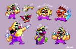  1boy artist_name bat_(animal) burning facial_hair fangs fire gloves grin hat highres keyzer mustache nicklauerart overalls purple_background purple_overalls shirt simple_background smile sparkle wario wario_land wario_land_4 white_gloves yellow_hat yellow_shirt zombie 