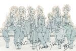  2girls 5boys arm_around_shoulder baldr_(kingdom_hearts) barefoot blush bragi_(kingdom_hearts) closed_eyes closed_mouth commentary dated dot_nose eraqus fur-trimmed_jacket fur_trim grin hakama hand_on_another&#039;s_head hand_on_own_knee hands_on_lap happy head_tilt hermod_(kingdom_hearts) jacket japanese_clothes kh_raimu kingdom_hearts kingdom_hearts_dark_road leg_up medium_hair monochrome multiple_boys multiple_girls obi open_clothes open_jacket open_mouth pants robe sash short_hair side_ponytail sidelocks sitting smile teeth thank_you topknot upper_teeth_only urd_(kingdom_hearts) vor_(kingdom_hearts) white_background wristband xehanort 