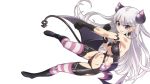  1girl armband bangs bare_shoulders black_gloves black_panties breasts demon_girl demon_tail demon_wings female hair_ornament long_hair medium_breasts naruse_maria navel panties pointy_ears shinmai_maou_no_testament silver_hair simple_background smile solo striped striped_legwear striped_thighhighs succubus tail thighhighs underboob wings 