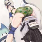 1girl african_wild_dog_(kemono_friends) animal_ears arm_support ass ass_focus back bare_shoulders black_hair bra camouflage camouflage_bra camouflage_panties closed_mouth dog_ears dog_tail elbow_pads extra_ears foreshortening from_behind gloves grey_eyes grey_hair ground_vehicle hand_on_own_knee impossible_clothes kemono_friends knee_pads leaning_forward lips looking_at_viewer looking_back lucky_beast_(kemono_friends) motocompo motor_vehicle motorcycle multicolored_hair panties short_hair shoulder_blades sidelocks sideways_glance skin_tight smile sports_bra standing t_jiroo_(ringofriend) tail twisted_torso two-tone_hair underwear underwear_only 