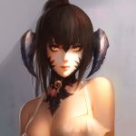  au_ra bangs bare_shoulders breasts brown_hair cleavage closed_mouth commentary commission facepaint final_fantasy final_fantasy_xiv grey_background hair_between_eyes heart highres horns looking_at_viewer medium_breasts nguyen_uy_vu solo yellow_eyes 