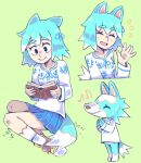 2020 3_fingers 5_fingers accessory alternate_species animal_crossing animal_humanoid anthro black_eyes blue_body blue_bottomwear blue_clothing blue_fur blue_hair blue_hair_accessory blue_skirt blush blush_lines bodily_fluids book bottomwear brown_nose canid canid_humanoid canine canine_humanoid canis clothed clothing colored dipstick_tail eyebrows eyelashes eyes_closed featureless_crotch female fingers footwear fur graskip grass green_background greeting greeting_viewer hair hair_accessory hands_together hi_res holding_book holding_object human humanized humanoid looking_at_book looking_at_object looking_down mammal mammal_humanoid markings multicolored_body musical_note nintendo pantsless pantsless_female pattern_clothing pattern_shirt pattern_topwear pink_inner_ear plant reading reading_book shaded shirt shoes simple_background sitting sitting_on_ground skirt skye_(animal_crossing) smile socks solo standing sweat sweatdrop tail tail_markings topwear two_tone_body white_body white_clothing white_footwear white_fur white_shirt white_skin white_socks white_tail_tip white_topwear wolf wolf_humanoid yellow_clothing yellow_footwear yellow_shoes