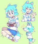  2020 3_fingers 5_fingers accessory alternate_species animal_crossing animal_humanoid anthro black_eyes blue_body blue_bottomwear blue_clothing blue_fur blue_hair blue_hair_accessory blue_skirt blush blush_lines bodily_fluids book bottomwear brown_nose canid canid_humanoid canine canine_humanoid canis clothed clothing colored dipstick_tail eyebrows eyelashes eyes_closed featureless_crotch female fingers footwear fur graskip grass green_background greeting greeting_viewer hair hair_accessory hands_together hi_res holding_book holding_object human humanized humanoid looking_at_book looking_at_object looking_down mammal mammal_humanoid markings multicolored_body musical_note nintendo pantsless pantsless_female pattern_clothing pattern_shirt pattern_topwear pink_inner_ear plant reading reading_book shaded shirt shoes simple_background sitting sitting_on_ground skirt skye_(animal_crossing) smile socks solo standing sweat sweatdrop tail tail_markings topwear two_tone_body white_body white_clothing white_footwear white_fur white_shirt white_skin white_socks white_tail_tip white_topwear wolf wolf_humanoid yellow_clothing yellow_footwear yellow_shoes 