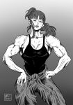  1girl black_hair black_vest breasts grey_background greyscale hands_on_own_hips highres long_hair looking_at_viewer mattdominicart monochrome muscular muscular_female open_mouth original solo standing sweat vest watermark 