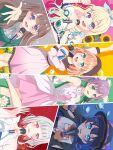  6+girls :d absurdres aqua_eyes arm_cutout beret black_hat black_ribbon blonde_hair blue_eyes blue_hair blue_ribbon brown_hair colored_inner_hair commentary cropped_shirt crossed_bangs dakishimeru_hanabira_(love_live!) dark_blue_hair diagonal_bangs dream_believers_(love_live!) dress english_commentary fang fujishima_megumi glowing glowing_eyes gradient_dress gradient_hair green_dress green_eyes grey_hair hair_bun hair_ornament hair_ribbon hat highres hinoshita_kaho holding holding_microphone index_finger_raised layered_dress leg_up light_blue_hair link!_like!_love_live! link_to_the_future_(love_live!) long_hair long_sleeves love_live! medium_hair microphone multicolored_hair multiple_girls murano_sayaka natsumeki_pain_(love_live!) neck_ribbon noanekosan off-shoulder_shirt off_shoulder open_mouth orange_hair orange_ribbon osawa_rurino otomune_kozue pink_dress pink_eyes puffy_long_sleeves puffy_short_sleeves puffy_sleeves purple_eyes purple_hair rabbit_hair_ornament red_hair ribbon shirt short_hair short_sleeves side_ponytail sidelocks sideways single-shoulder_dress single_hair_bun sleeveless sleeveless_dress smile streaked_hair teeth trick_&amp;_cute_(love_live!) tsubasa_la_liberte_(love_live!) two-tone_ribbon two_side_up upper_teeth_only virtual_youtuber wavy_hair white_dress white_shirt yugiri_tsuzuri 