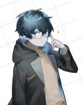  1boy alternate_costume arknights aruke0 bespectacled black_hair black_jacket blue_eyes brown_sweater commentary_request faust_(arknights) finger_to_cheek glasses grey_hair grid_background highres jacket looking_at_viewer male_focus pointy_ears red_pupils ribbed_sweater scales simple_background solo sparkle sweater upper_body white_background 