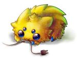  0w0 :3 animal_focus catlover1357 chewing joltik lowres lying no_humans pokemon pokemon_(creature) power_cord shadow shiny_eyes simple_background yellow_fur 