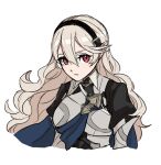  1girl black_hairband blue_cape cape corrin_(female)_(fire_emblem) corrin_(fire_emblem) cropped_torso fire_emblem fire_emblem_fates grey_hair hair_between_eyes hairband long_hair long_sleeves looking_at_viewer pointy_ears red_eyes solo upper_body white_background yuki12046 